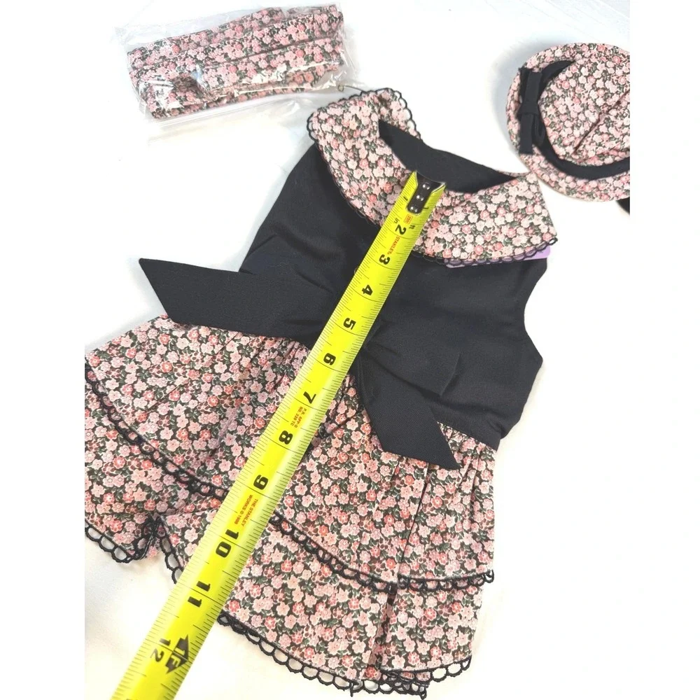 Pet Dress Set Med Black Pink Floral Sleeveless Hat Leash Outfit NWT